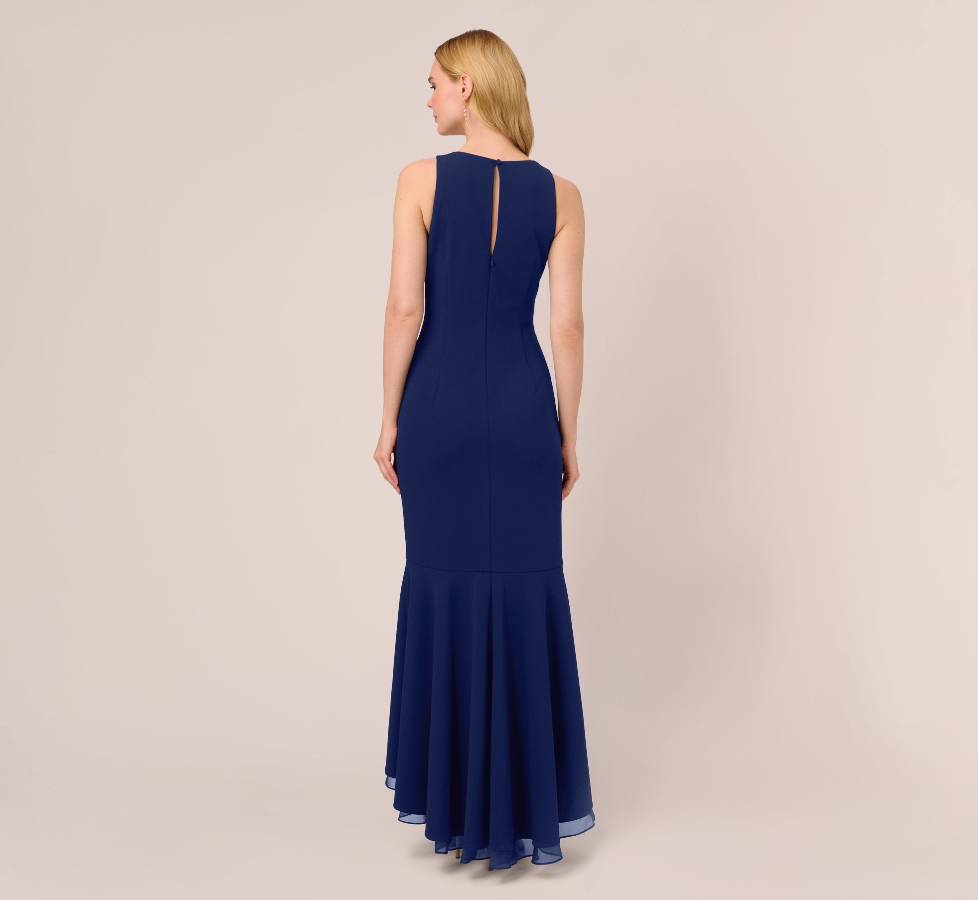 Navy High Low Crepe Halter Gown With Organza Draping