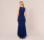 High Low Crepe Halter Gown With Organza Draping In Navy Sateen 5