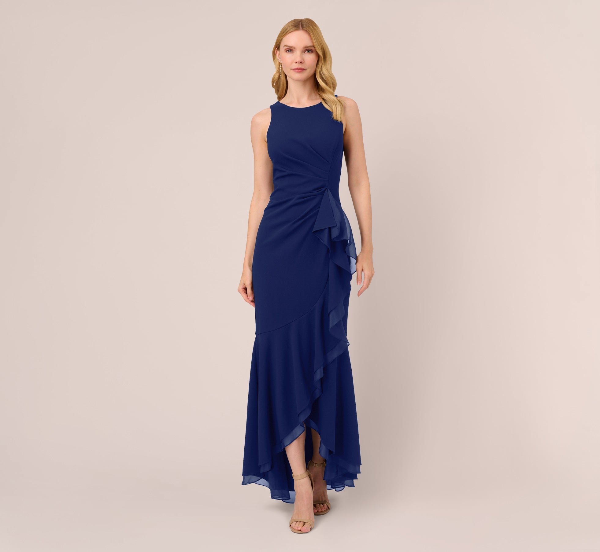 Adrianna Papell Women's Sleeveless Ruffled High-Low Gown - Navy Sateen Adrianna Papell Women's Sleeveless Ruffled High-Low Gown - Navy Sateen