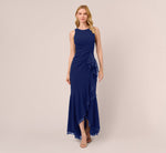 High Low Crepe Halter Gown With Organza Draping In Navy Sateen 2