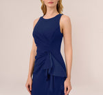 High Low Crepe Halter Gown With Organza Draping In Navy Sateen 3