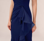 High Low Crepe Halter Gown With Organza Draping In Navy Sateen 4