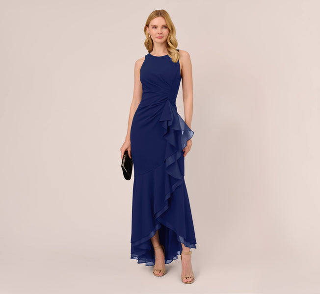 adrianna papell halter dress Women's Sleeveless Ruffled High-Low Gown - Navy Sateen brogue dress footwear halter gown Retro Glamour Dresses To Size:SM (7/8)