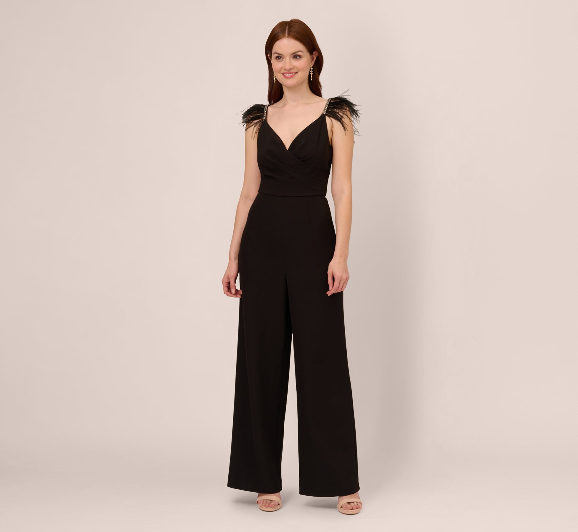 Crepe Wide Leg Jumpsuit With Bead And Feather Accents In Black Crepe Wide Leg Jumpsuit With Bead And Feather Accents In Black