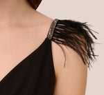 Crepe Wide Leg Jumpsuit With Bead And Feather Accents In Black 4