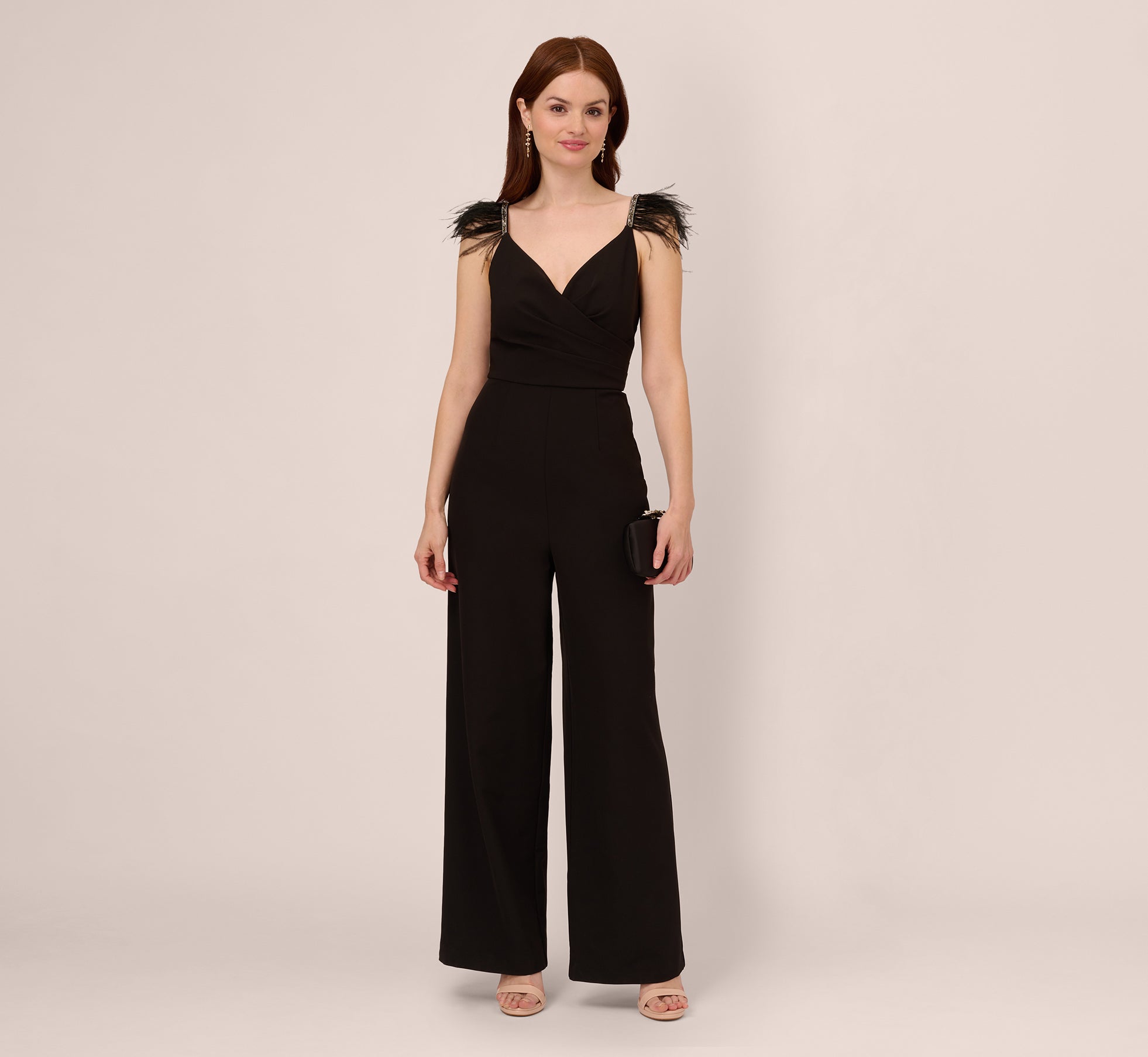 adrianna papell Crepe Wide Leg Jumpsuit With Bead And Feather