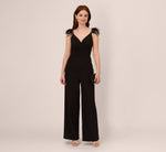 Crepe Wide Leg Jumpsuit With Bead And Feather Accents In Black 1