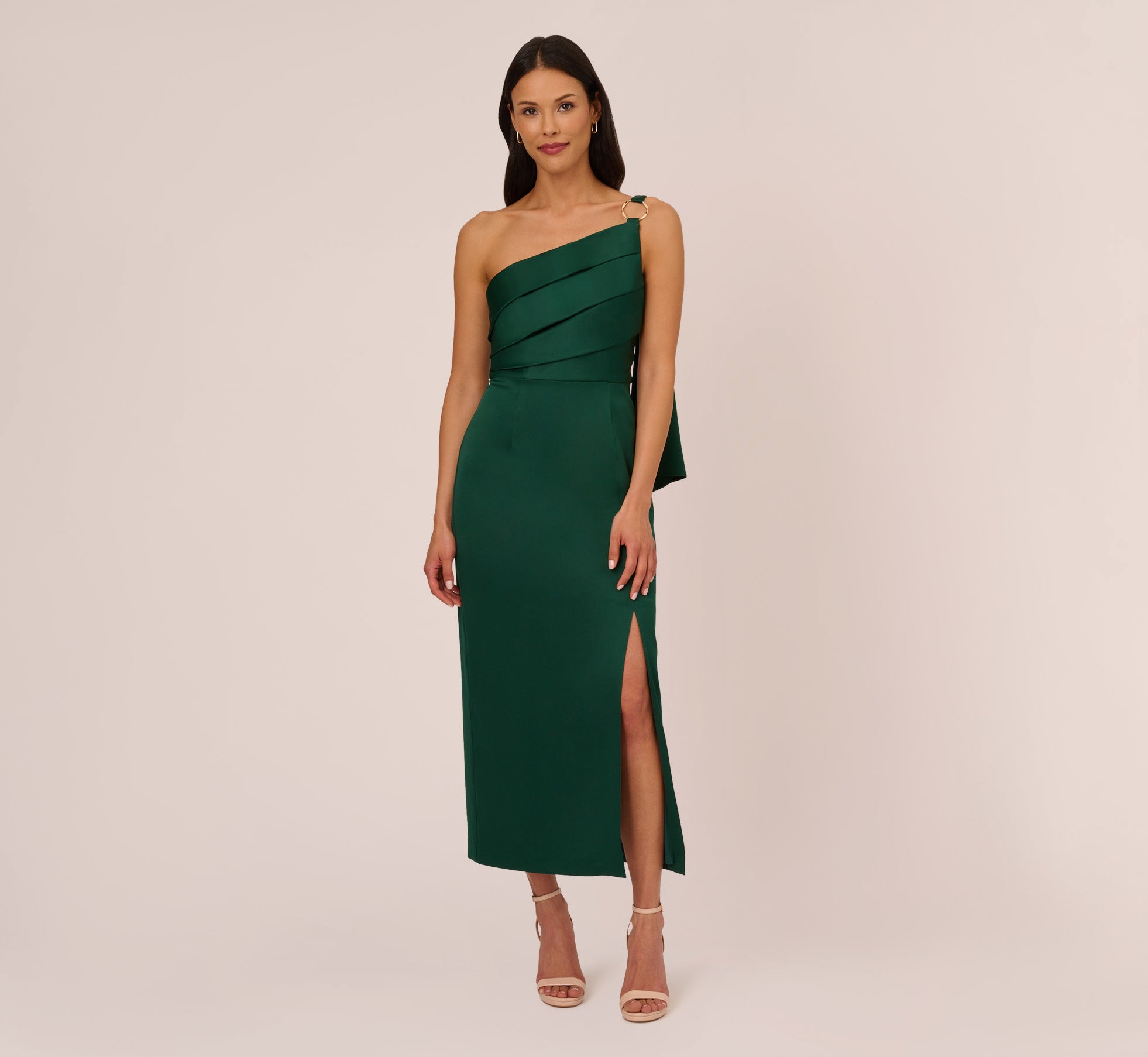 Satin Crepe One Shoulder Gown With Metal Ring Accent In Deep