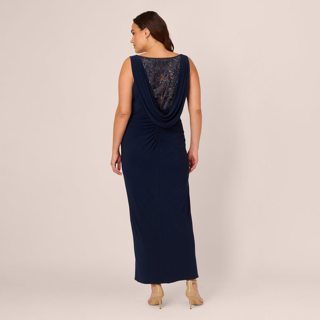 Plus Size Sleeveless Jersey Gown With Embellished Lace Cowl Back