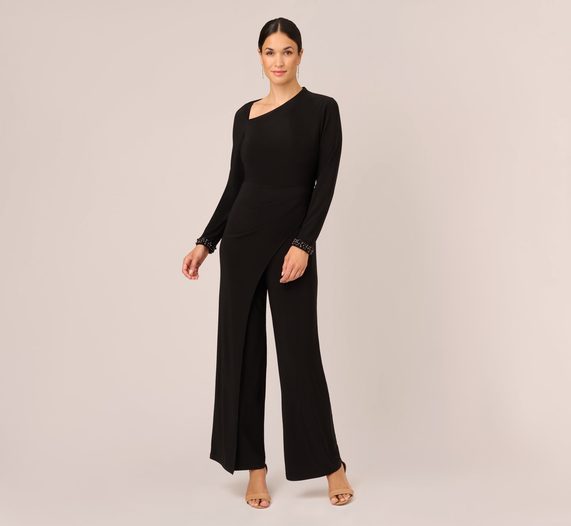 Embellished Jersey Jumpsuit With Asymmetric Neck In Black