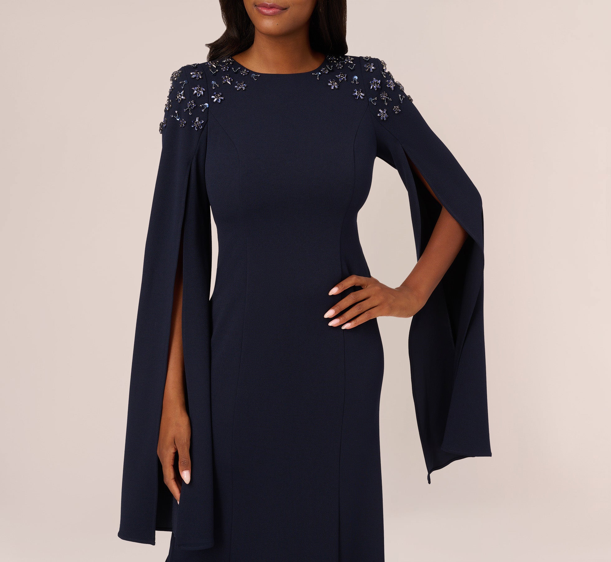 Crepe Mermaid Gown With Beaded Cape Sleeves In Midnight | Adrianna