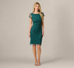 Deco Beaded Cocktail Dress With Sheer Cap Sleeves In Gem Green 7
