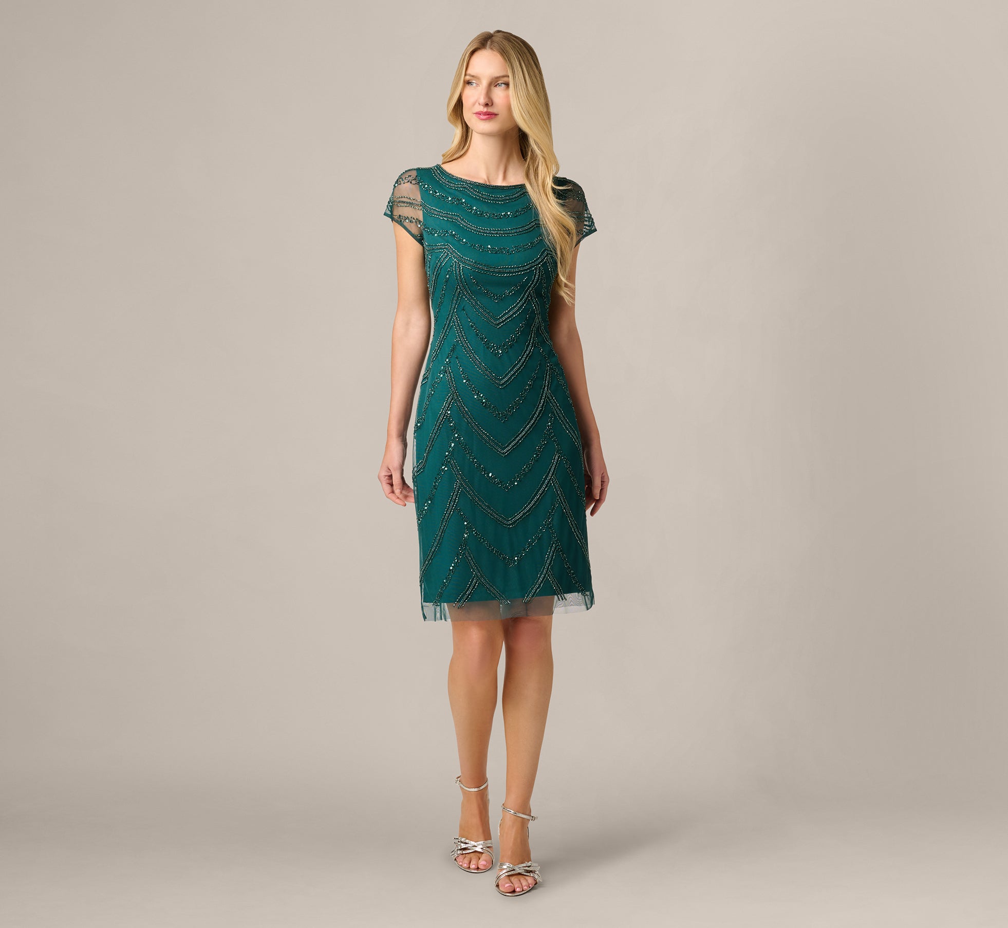 Deco Beaded Cocktail Dress With Sheer Cap Sleeves In Gem Green 1