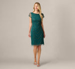 Deco Beaded Cocktail Dress With Sheer Cap Sleeves In Gem Green 1