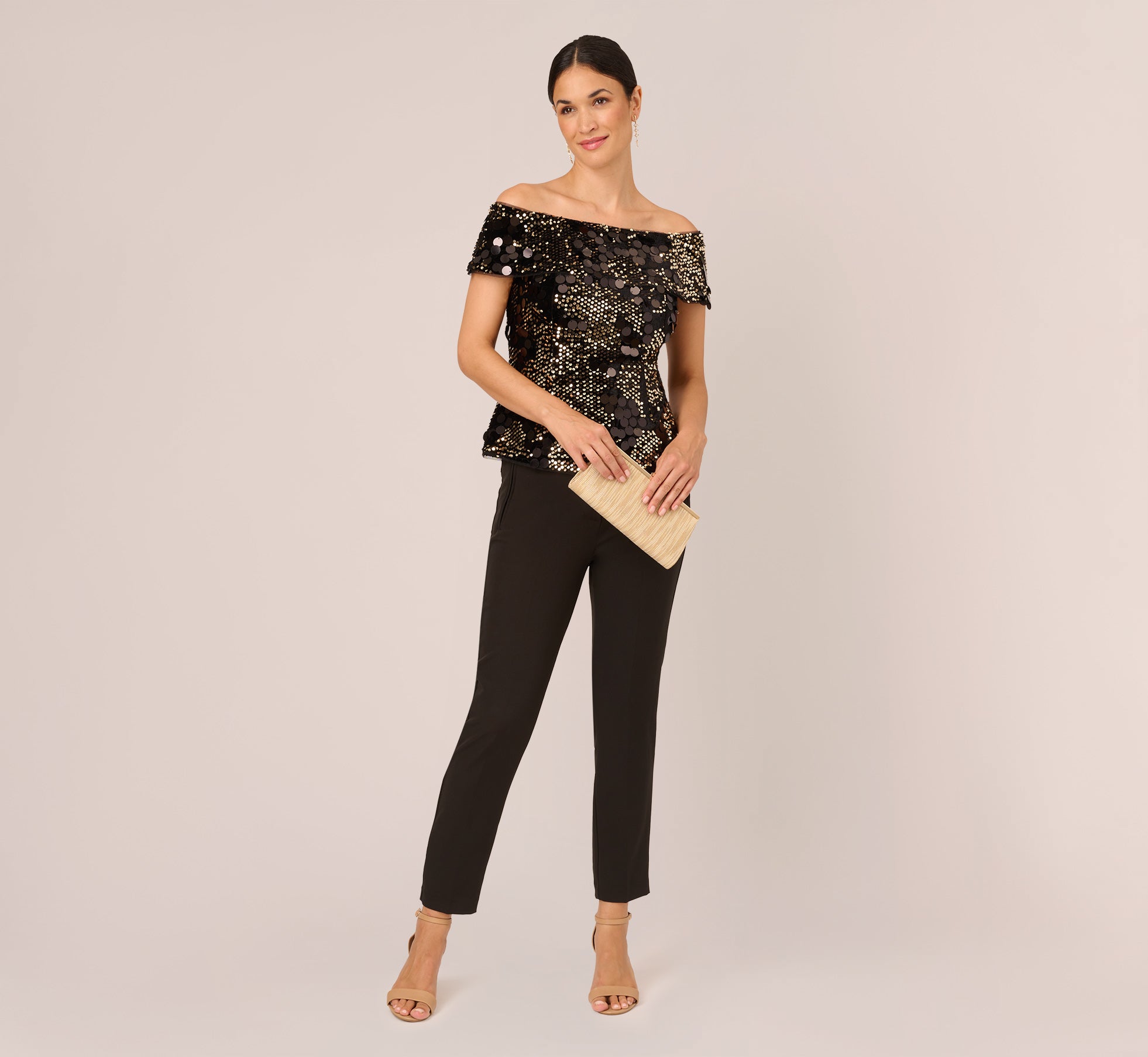 Sequin And Velvet Off The Shoulder Top In Black Gold | Adrianna Papell