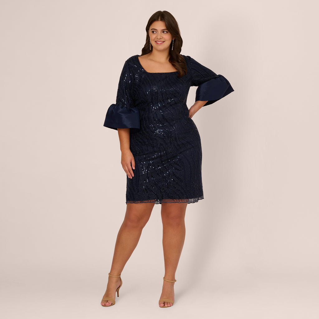 Plus Size Sequin Embroidered Dress With Taffeta Bell Sleeves In Midnig