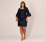 Plus Size Sequin Embroidered Dress With Taffeta Bell Sleeves In Midnight 1