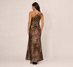 One Shoulder Jacquard Mermaid Gown With Drape Detail In Copper Chocolate 6