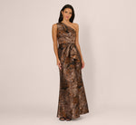 One Shoulder Jacquard Mermaid Gown With Drape Detail In Copper Chocolate 3