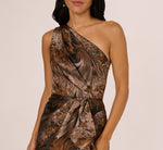 One Shoulder Jacquard Mermaid Gown With Drape Detail In Copper Chocolate 4
