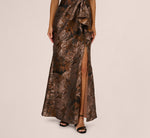 One Shoulder Jacquard Mermaid Gown With Drape Detail In Copper Chocolate 5