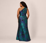 Plus Size One Shoulder Jacquard Mermaid Gown With Drape Detail In Cobalt Teal 6