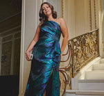 Plus Size One Shoulder Jacquard Mermaid Gown With Drape Detail In Cobalt Teal 1