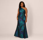 Plus Size One Shoulder Jacquard Mermaid Gown With Drape Detail In Cobalt Teal 3
