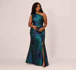 Plus Size One Shoulder Jacquard Mermaid Gown With Drape Detail In Cobalt Teal 2
