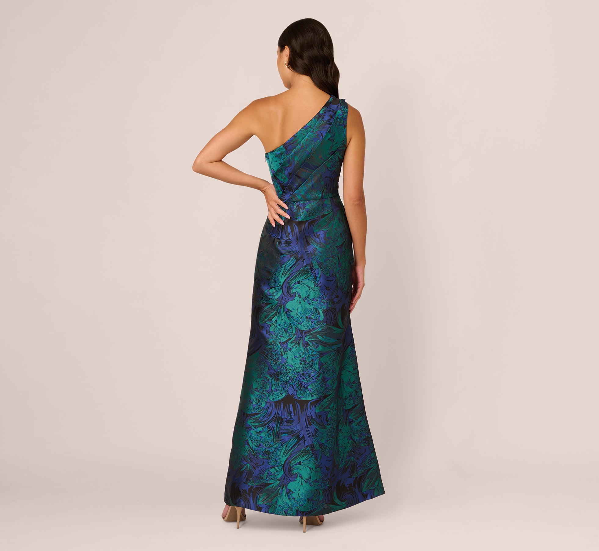 Blue One Shoulder Jacquard Mermaid Gown With Drape Detail
