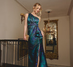 One Shoulder Jacquard Mermaid Gown With Drape Detail In Cobalt Teal 1