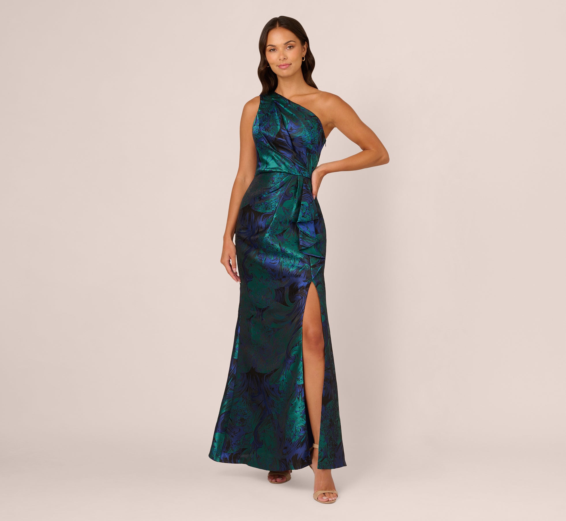 Blue One Shoulder Jacquard Mermaid Gown With Drape Detail - Adrianna Papell Blue One Shoulder Jacquard Mermaid Gown With Drape Detail - Adrianna Papell
