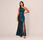 One Shoulder Jacquard Mermaid Gown With Drape Detail In Cobalt Teal 3