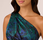 One Shoulder Jacquard Mermaid Gown With Drape Detail In Cobalt Teal 4