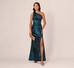 One Shoulder Jacquard Mermaid Gown With Drape Detail In Cobalt Teal 2