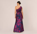 One Shoulder Jacquard Mermaid Gown With Drape Detail In Navy Orchid 6