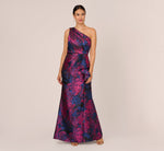 One Shoulder Jacquard Mermaid Gown With Drape Detail In Navy Orchid 3