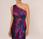 One Shoulder Jacquard Mermaid Gown With Drape Detail In Navy Orchid 4