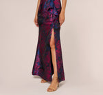 One Shoulder Jacquard Mermaid Gown With Drape Detail In Navy Orchid 5