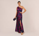 One Shoulder Jacquard Mermaid Gown With Drape Detail In Navy Orchid 2