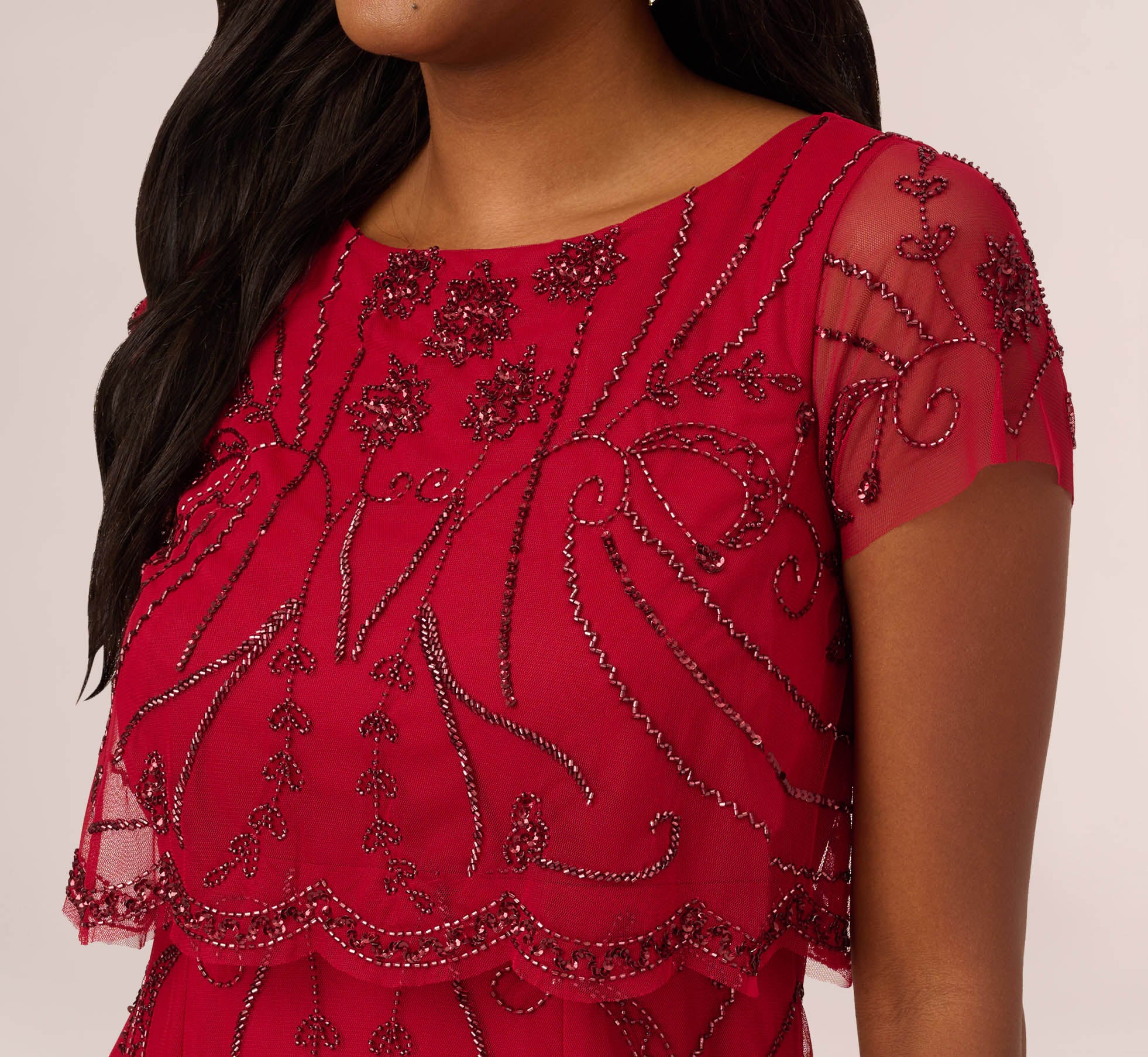Beaded Scalloped Popover Gown With Short Sleeves In Cranberry
