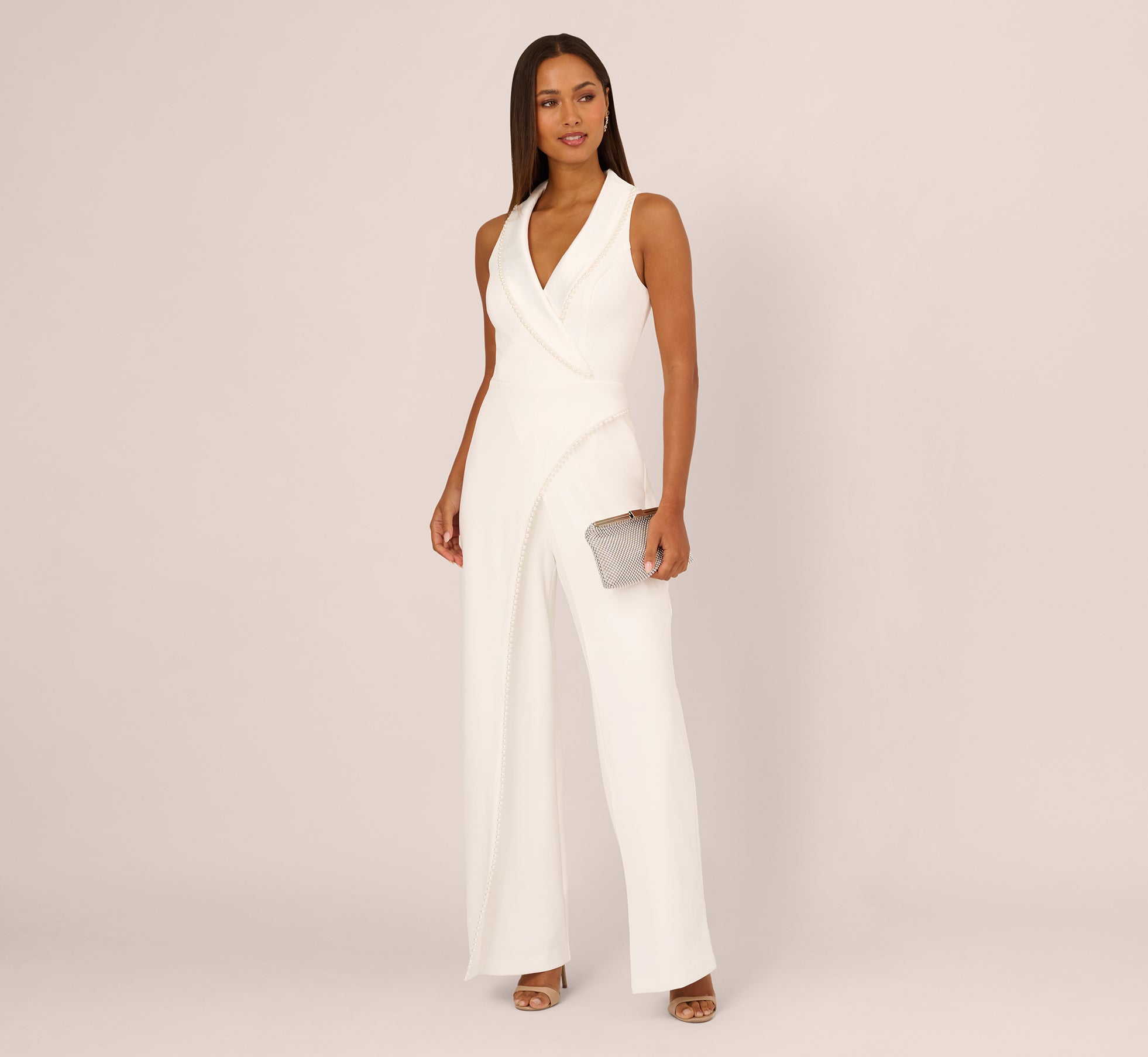 Sleeveless Crepe Tuxedo Jumpsuit With Pearl Trim In Ivory 1