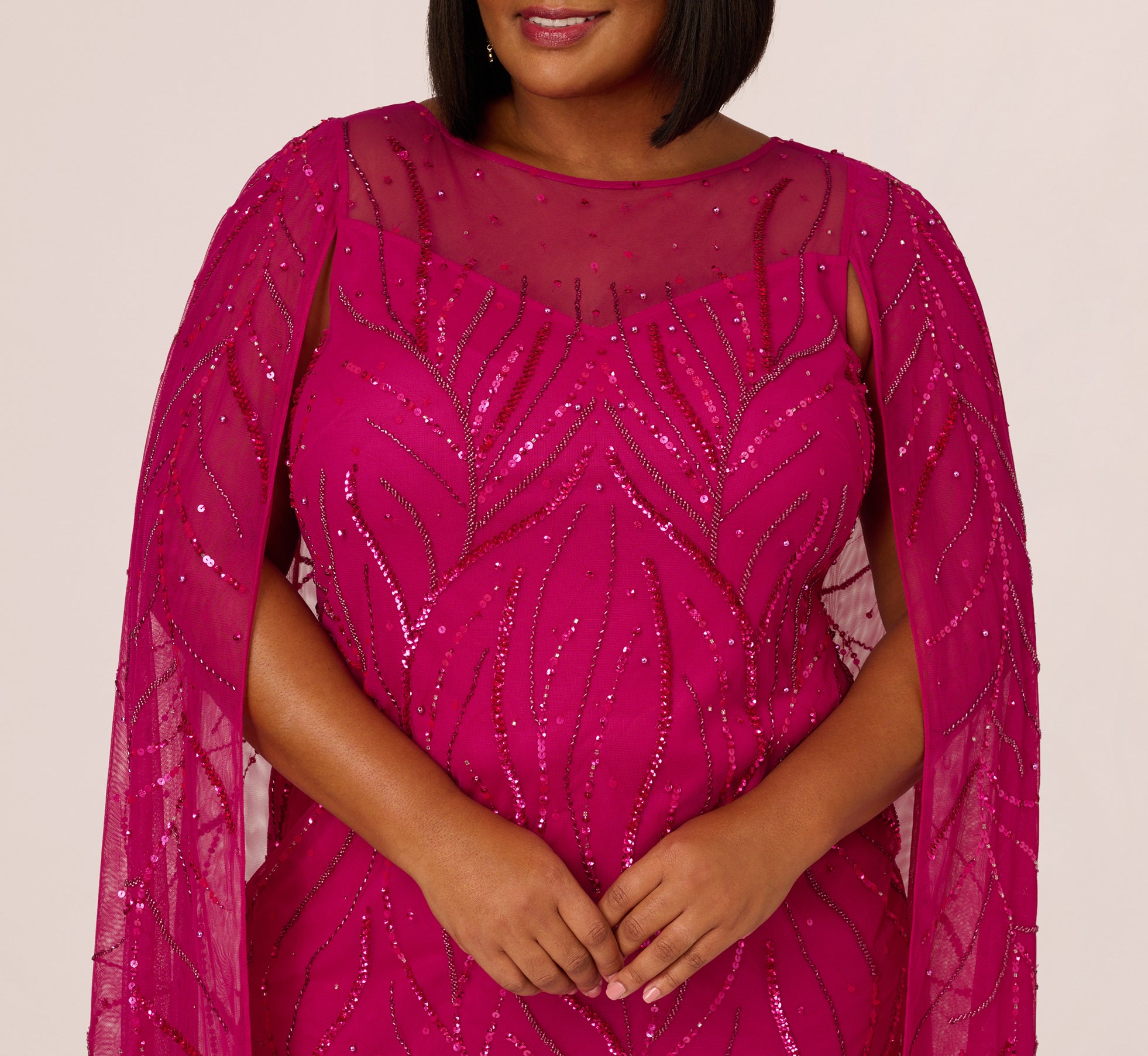 Plus Size Sequin Beaded Cape Dress With Illusion Neckline In Hot