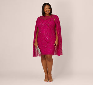 Plus Size Sequin Beaded Cape Dress With Illusion Neckline In Hot Orchid
