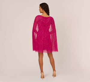 Sequin Beaded Cape Dress With Illusion Neckline In Hot Orchid