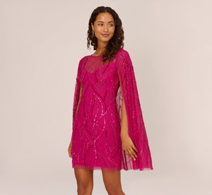 Sequin Beaded Cape Dress With Illusion Neckline In Hot Orchid