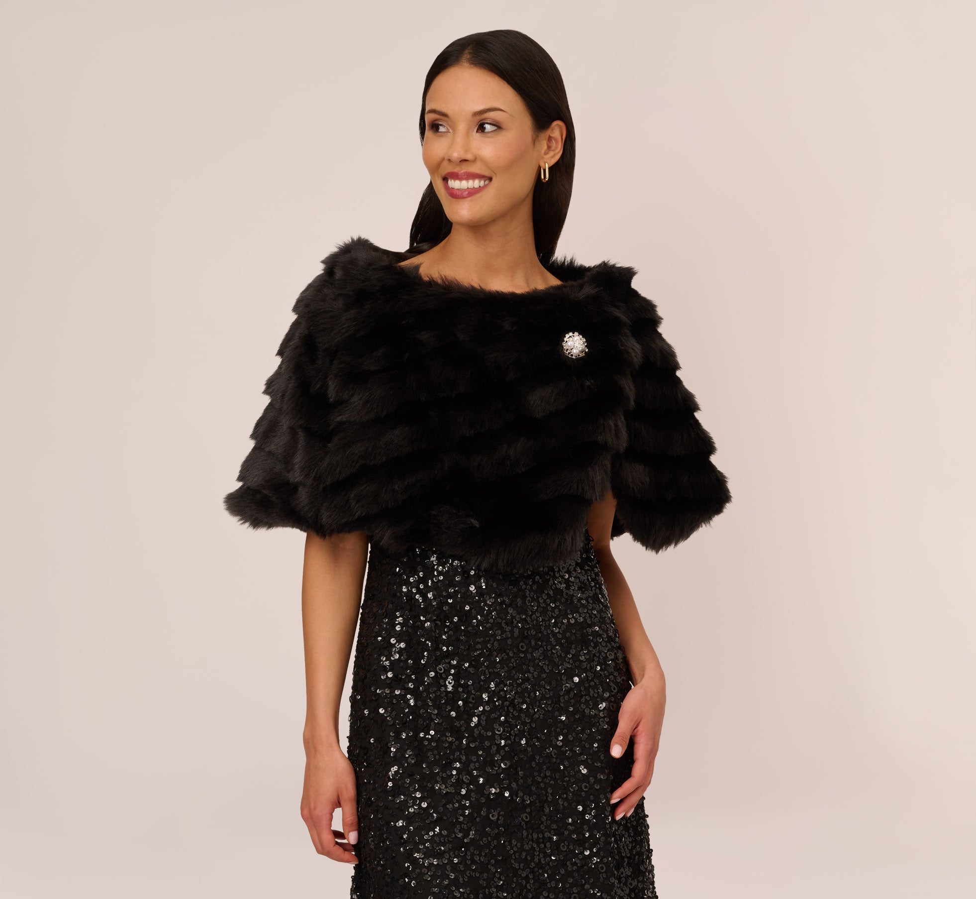 Black Faux Fur Wrap With Stone Brooch - Adrianna Papell Black Faux Fur Wrap With Stone Brooch - Adrianna Papell