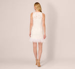 Sleeveless Floral Lace Dress With Feather Trim In Ivory 5
