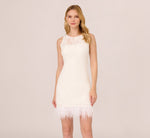 Sleeveless Floral Lace Dress With Feather Trim In Ivory 2