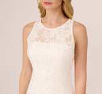 Sleeveless Floral Lace Dress With Feather Trim In Ivory 3